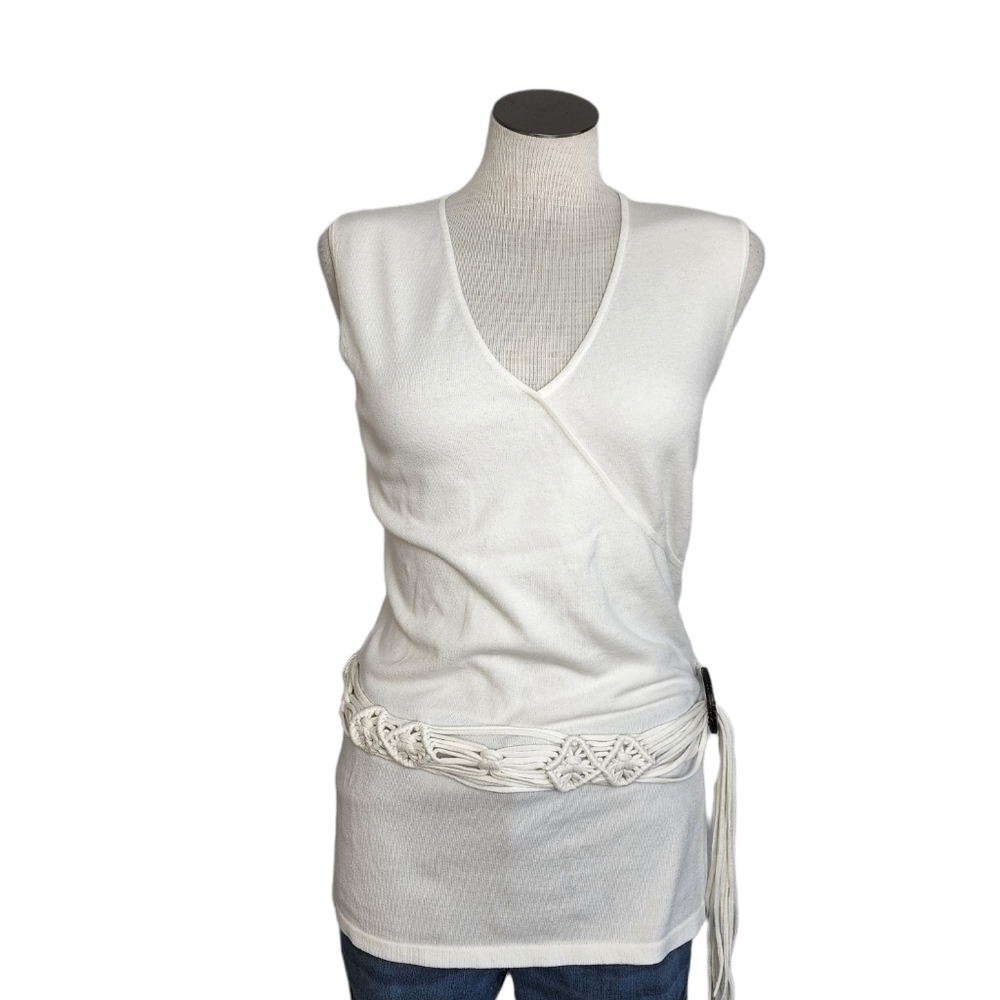 Style & Co Knit Ivory Color Faux Wrap With Macrame Belt Women's Top Size M